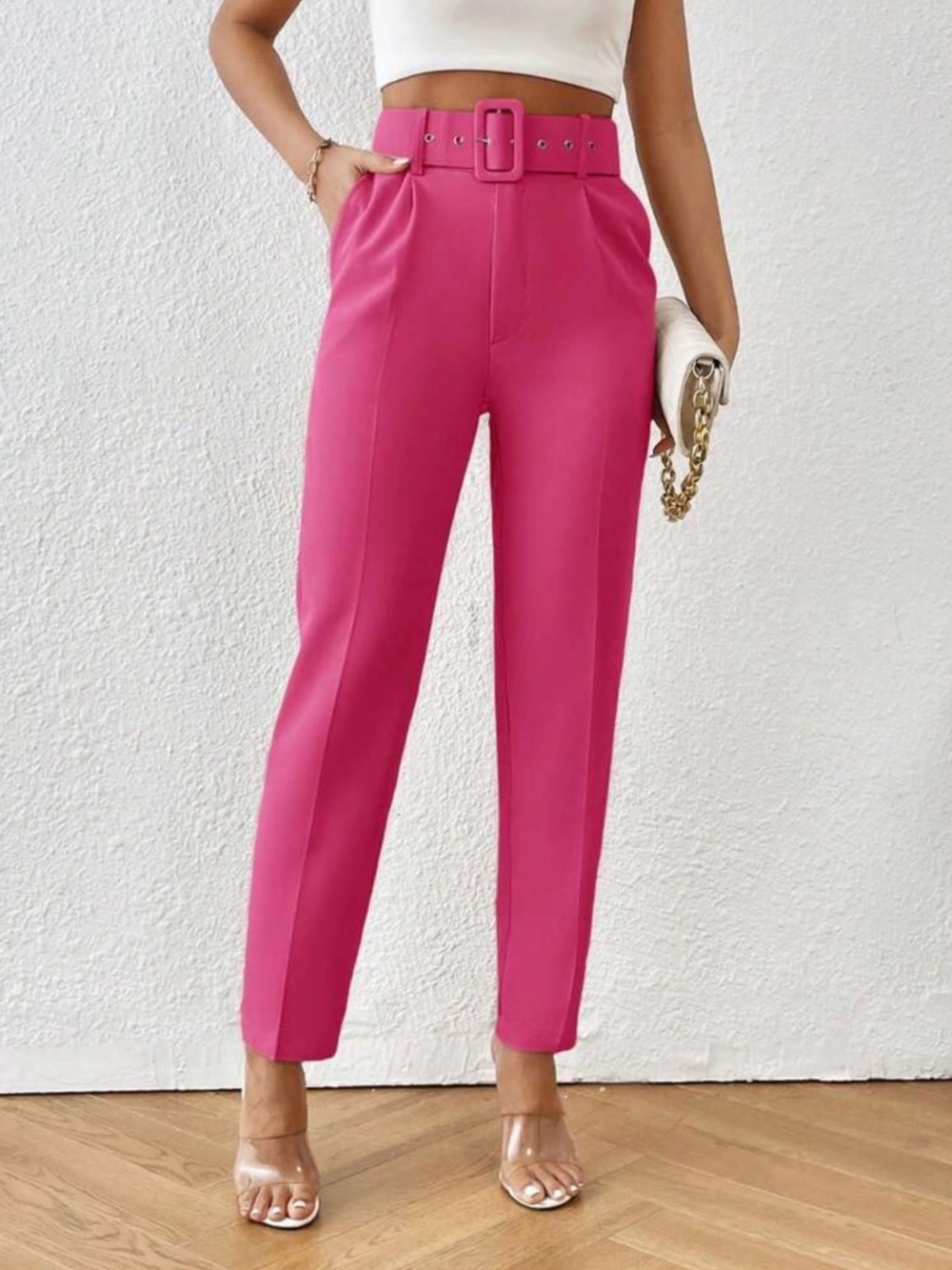 SHEIN Bold Red High-Waisted Belted Pants